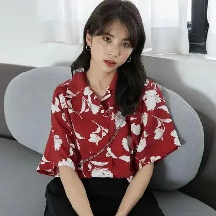 Harajuku Blouse Women Dragon Print Short Sleeve Blouse