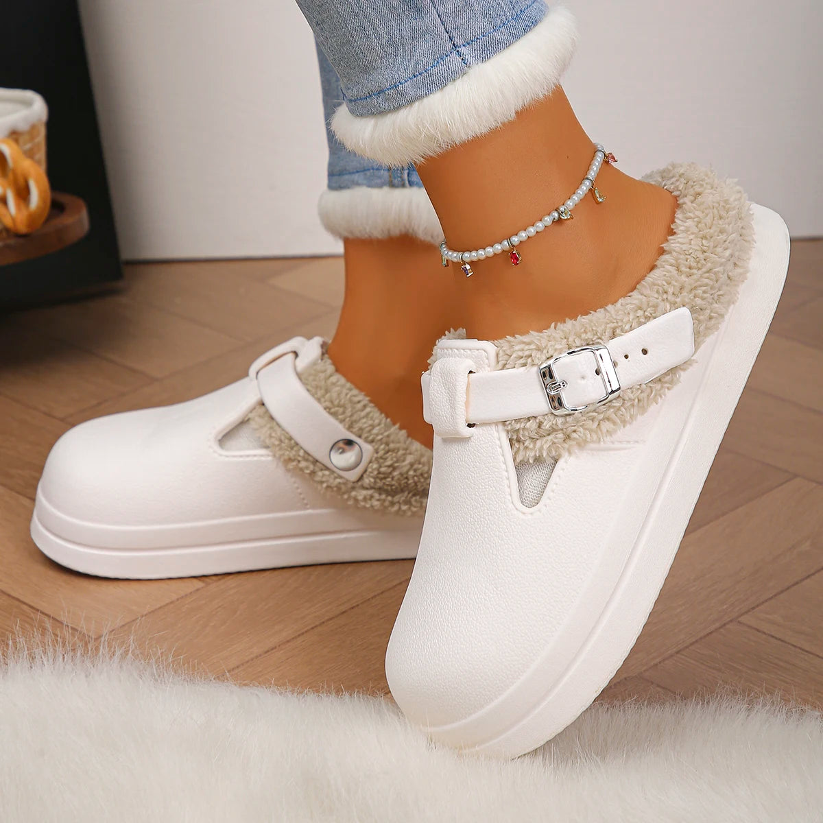 Waterproof EVA Furry Buckle Mule Slippers