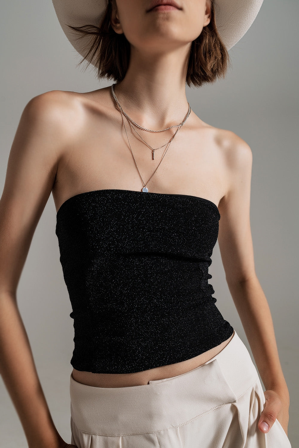 Strapless Shiny Lurex Tube Top – Black