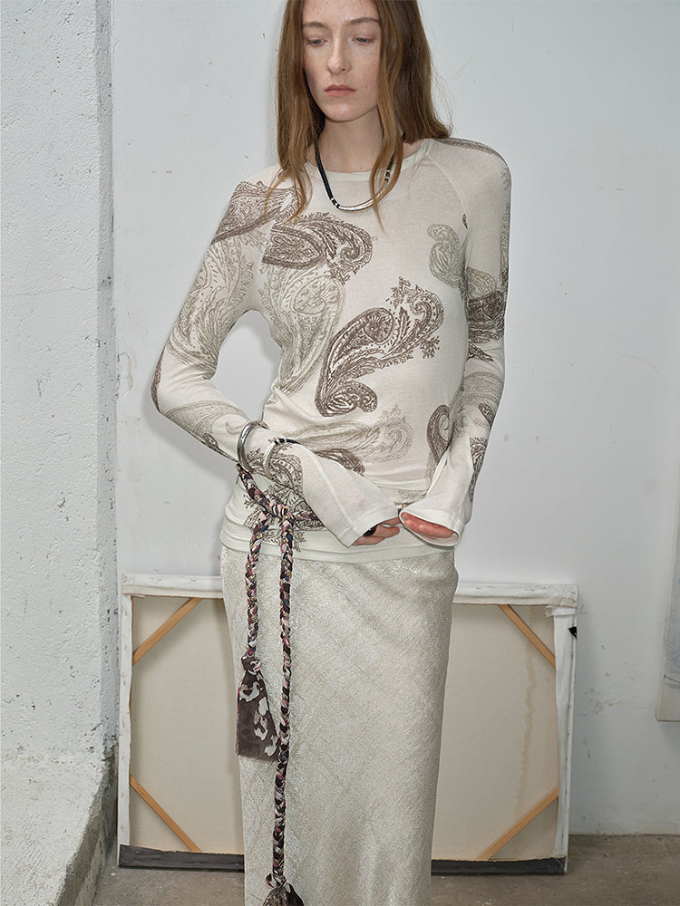 Wool Original Cashew Print Round Neck Slim Long Sleeve and Skirt"Vintage Gene"
