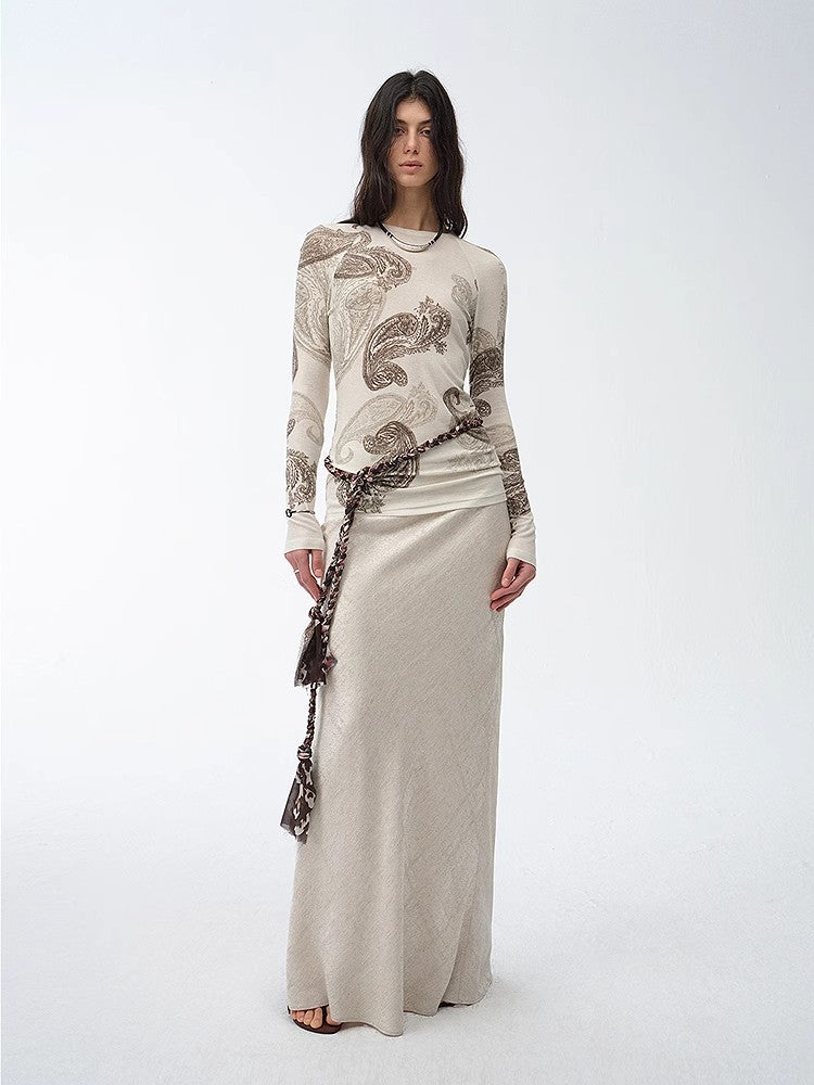 Wool Original Cashew Print Round Neck Slim Long Sleeve and Skirt"Vintage Gene"