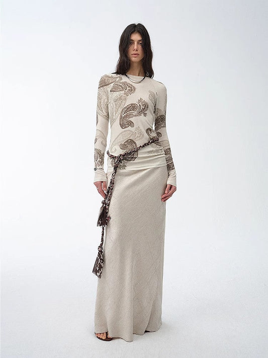 Wool Original Cashew Print Round Neck Slim Long Sleeve and Skirt"Vintage Gene"
