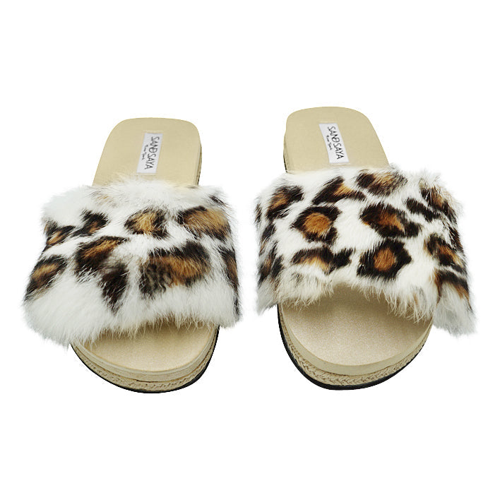 Leopard Rabbit Fur Espadrille Flat Slide Slippers
