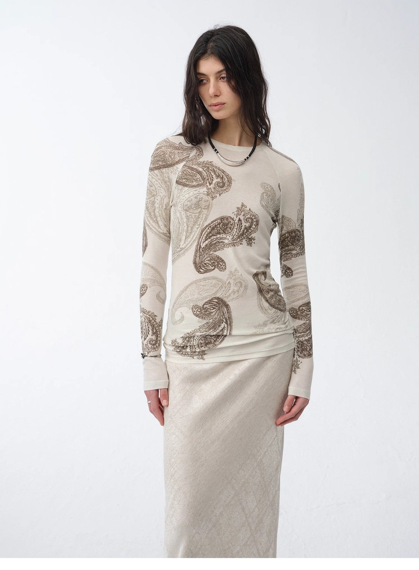 Wool Original Cashew Print Round Neck Slim Long Sleeve and Skirt"Vintage Gene"