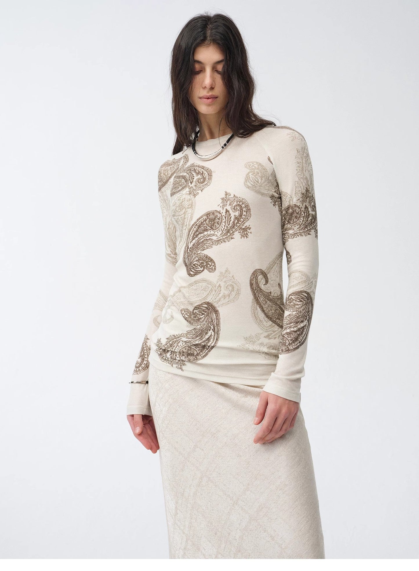 Wool Original Cashew Print Round Neck Slim Long Sleeve and Skirt"Vintage Gene"