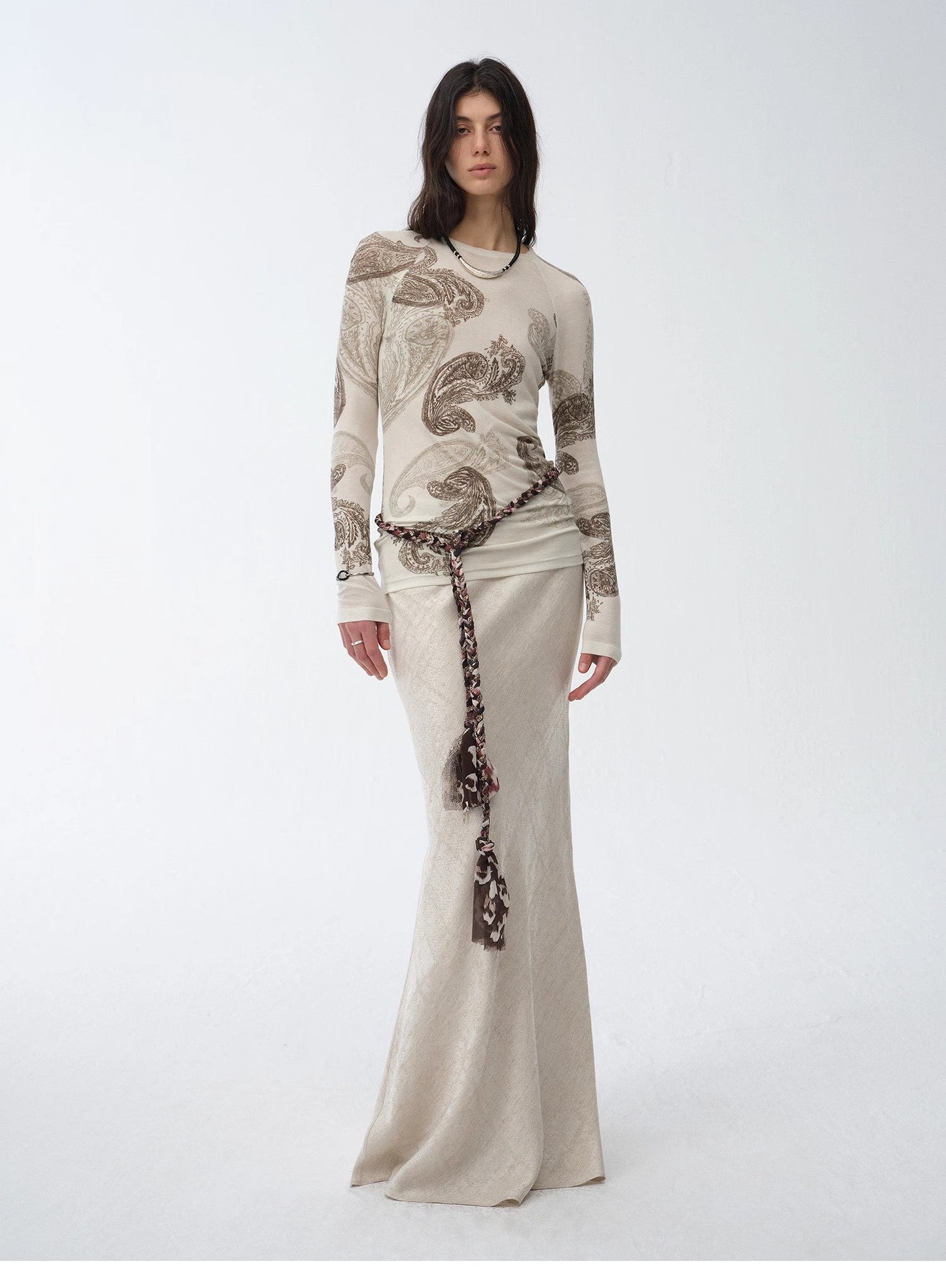 Wool Original Cashew Print Round Neck Slim Long Sleeve and Skirt"Vintage Gene"
