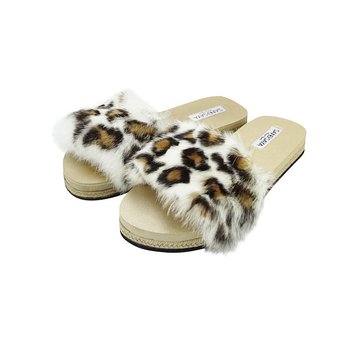 Leopard Rabbit Fur Espadrille Flat Slide Slippers