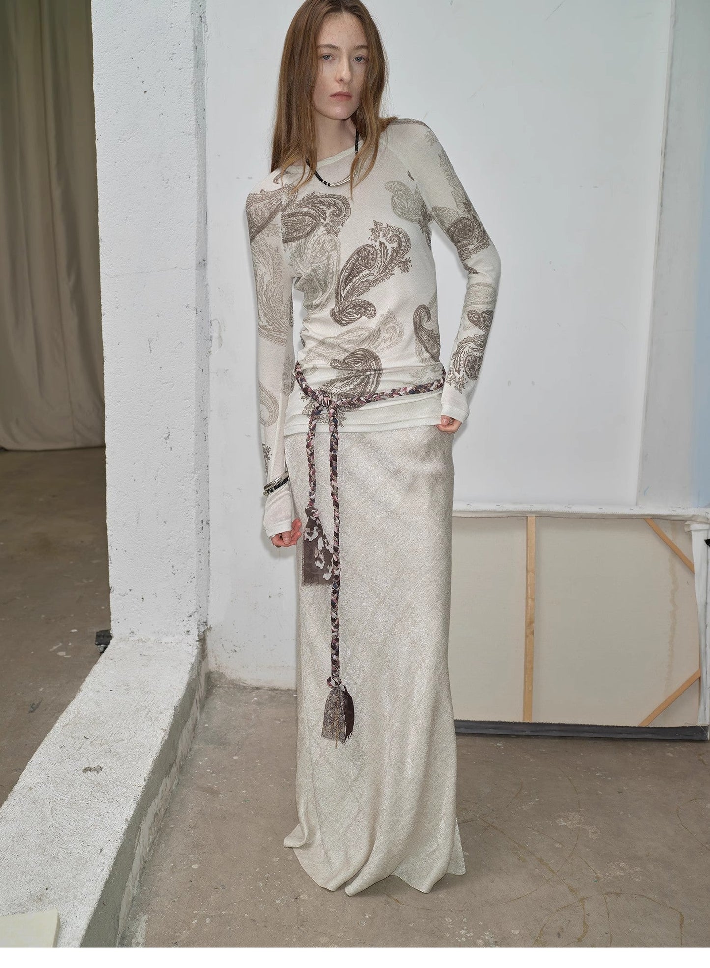 Wool Original Cashew Print Round Neck Slim Long Sleeve and Skirt"Vintage Gene"