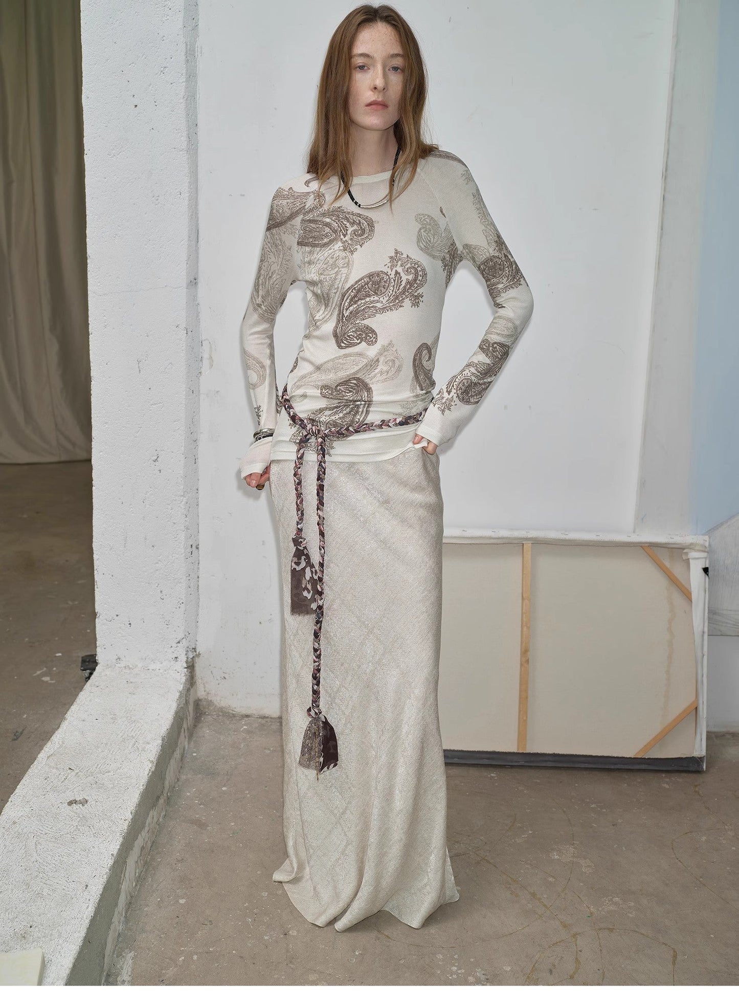 Wool Original Cashew Print Round Neck Slim Long Sleeve and Skirt"Vintage Gene"