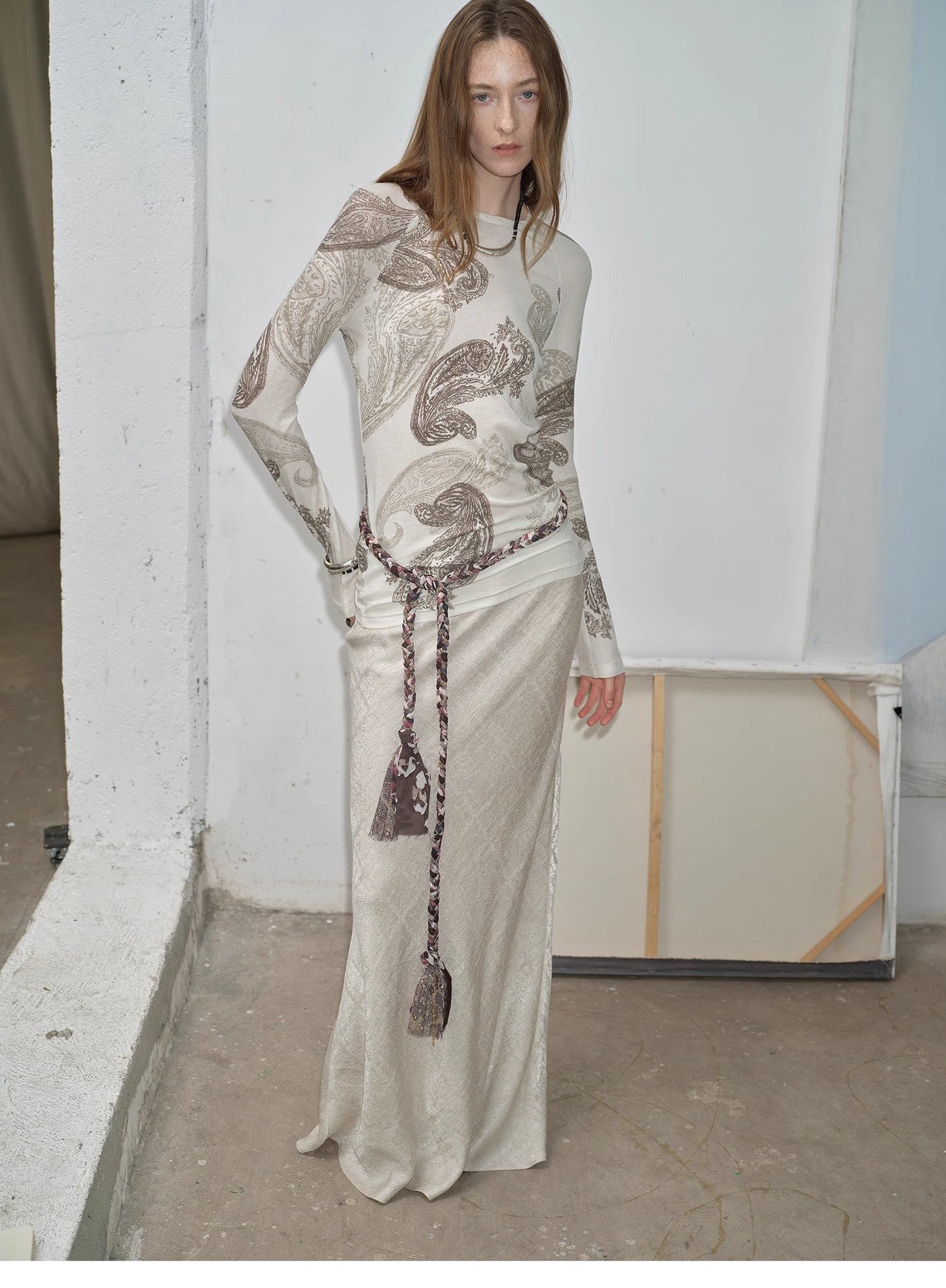 Wool Original Cashew Print Round Neck Slim Long Sleeve and Skirt"Vintage Gene"