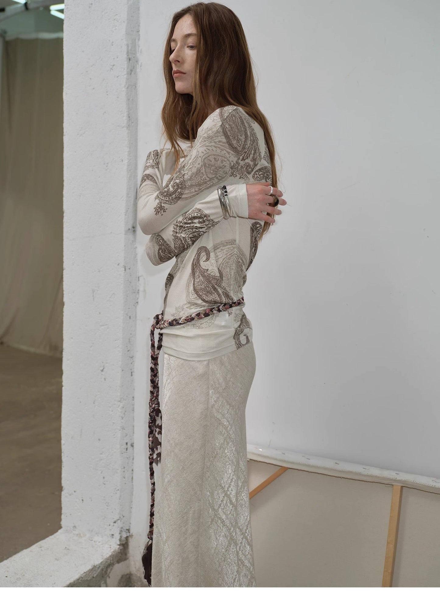 Wool Original Cashew Print Round Neck Slim Long Sleeve and Skirt"Vintage Gene"