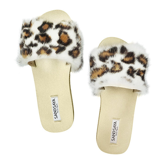 Leopard Rabbit Fur Espadrille Flat Slide Slippers