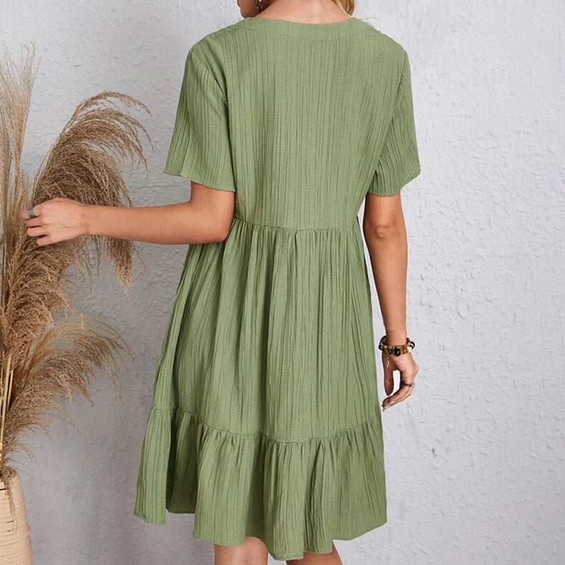 Bohemian v Neck Short Sleeve Ruffles Mini Dress