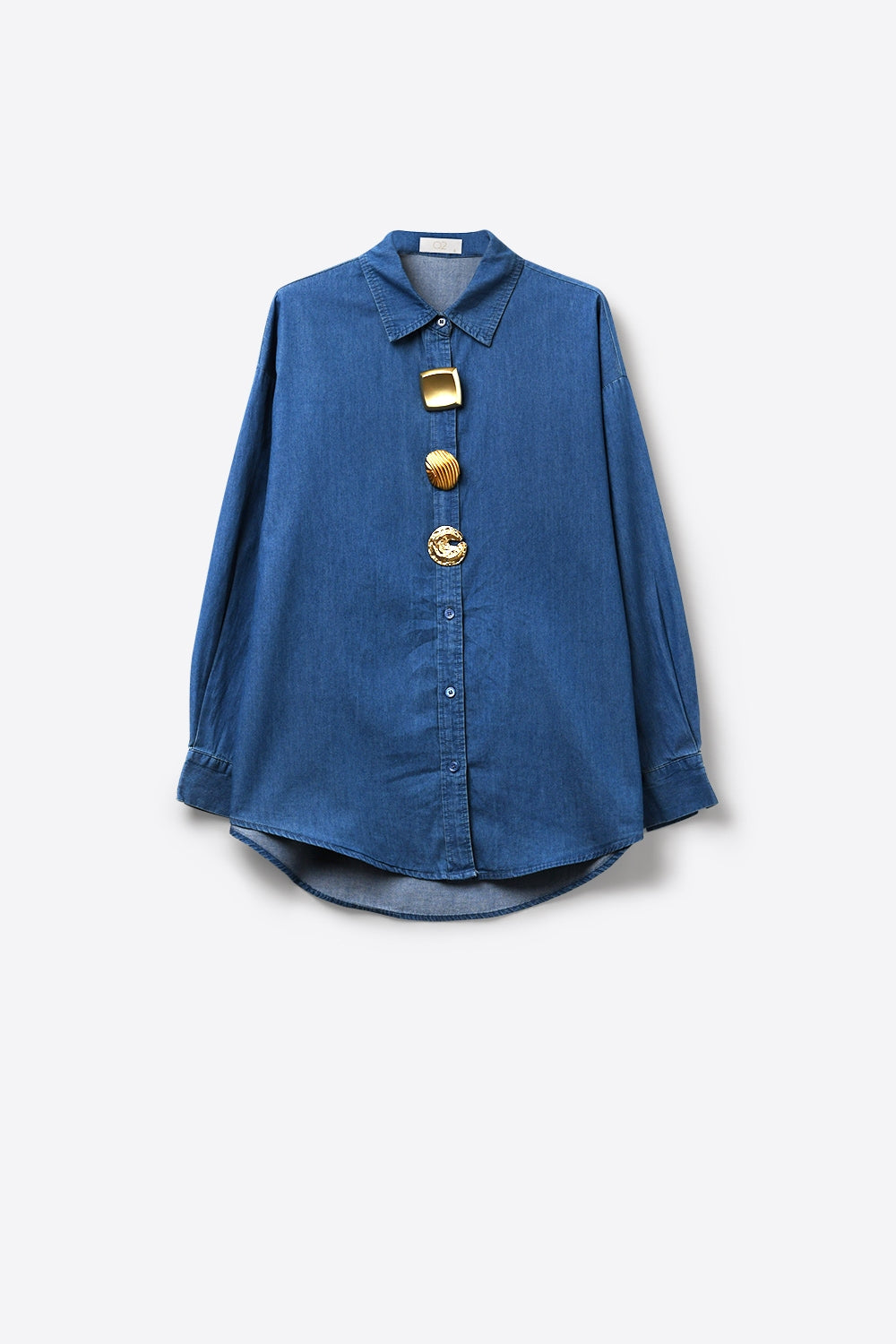 Blue Denim Oversize Shirt With Statement Gold Buttons