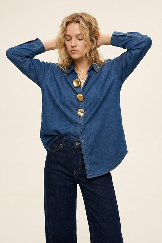 Blue Denim Oversize Shirt With Statement Gold Buttons