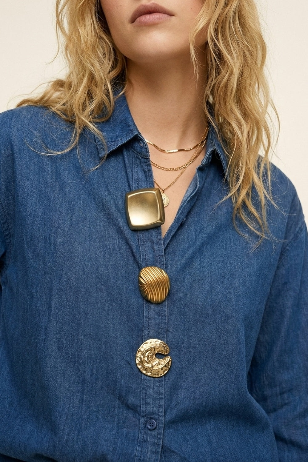 Blue Denim Oversize Shirt With Statement Gold Buttons