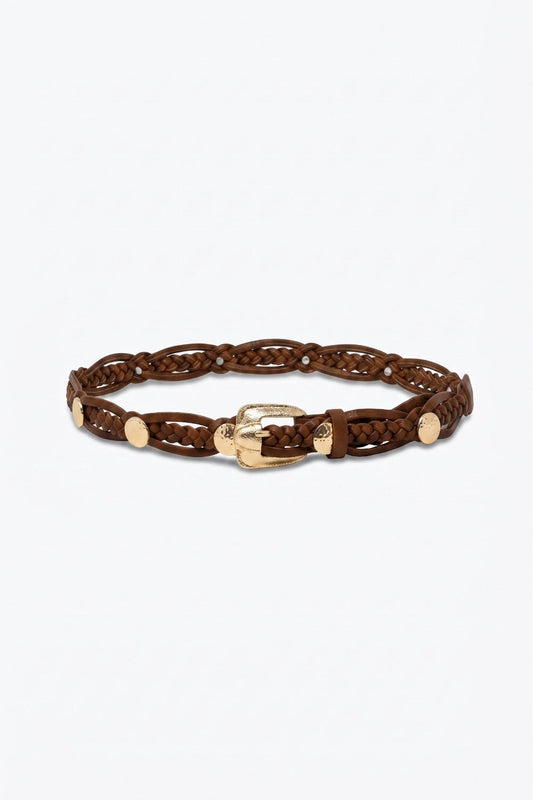 Brown Braided Faux Leather Gold Buckle Detail Waist Belt