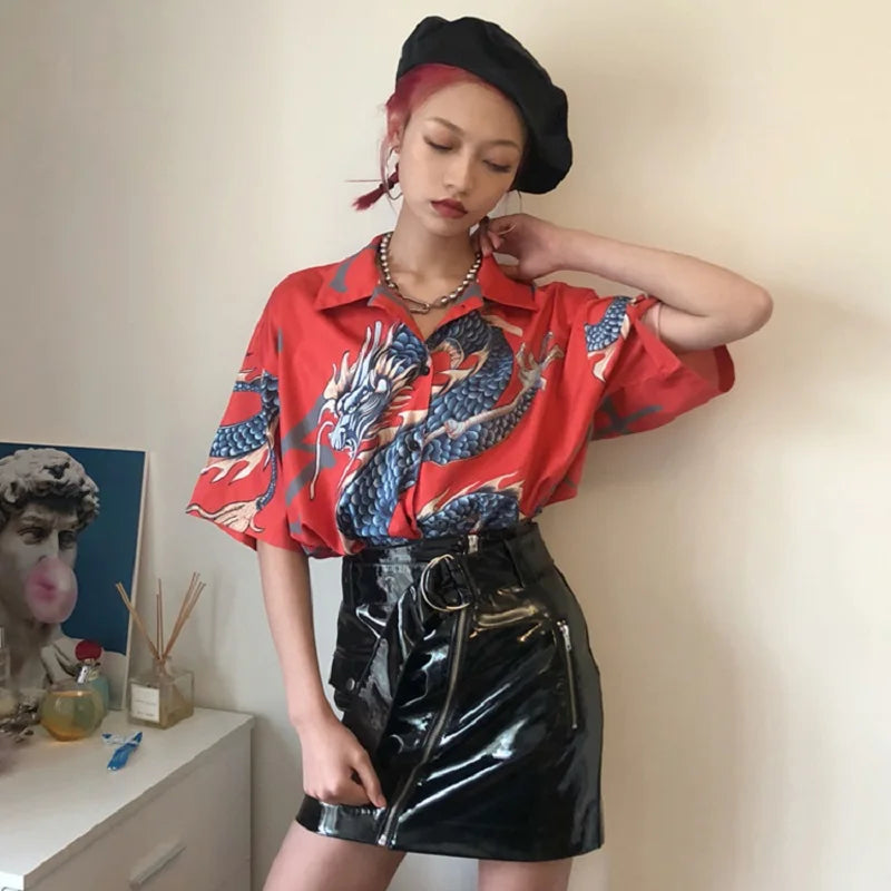 Harajuku Blouse Women Dragon Print Short Sleeve Blouse