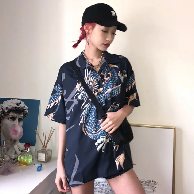 Harajuku Blouse Women Dragon Print Short Sleeve Blouse