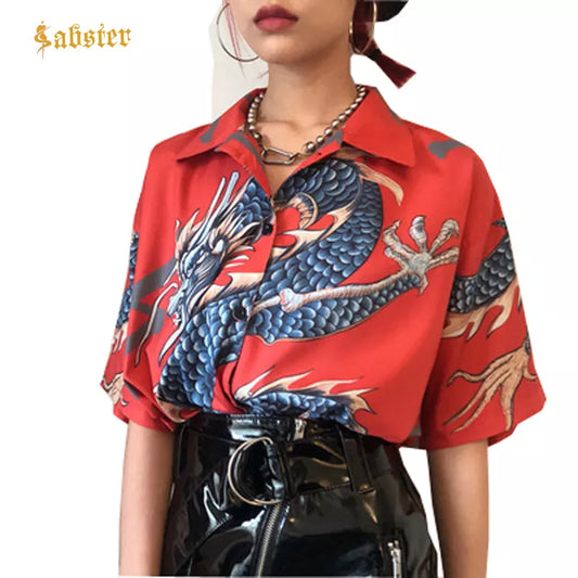 Harajuku Blouse Women Dragon Print Short Sleeve Blouse