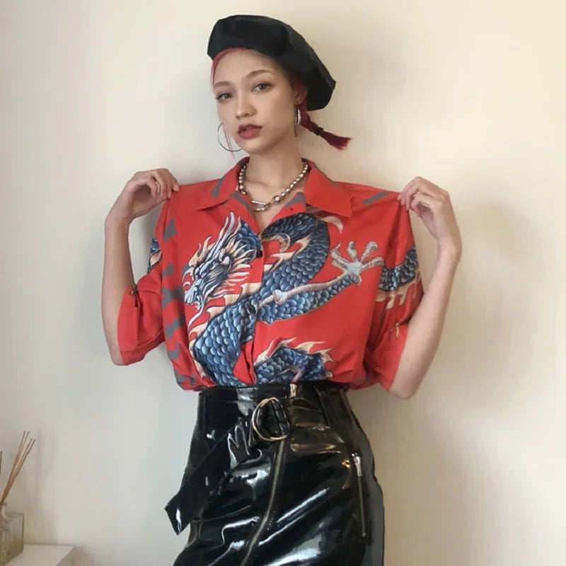 Harajuku Blouse Women Dragon Print Short Sleeve Blouse