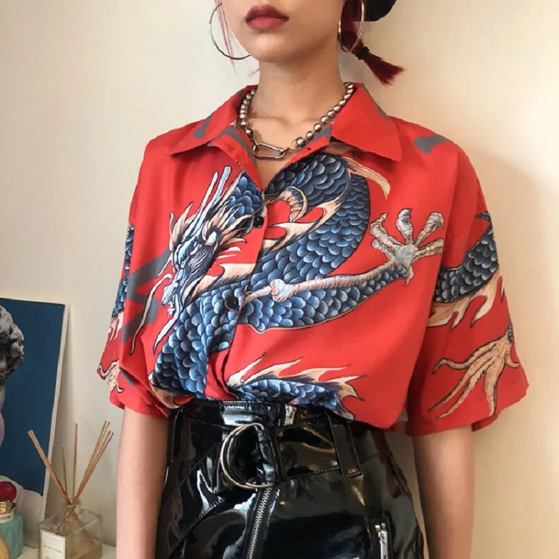 Harajuku Blouse Women Dragon Print Short Sleeve Blouse