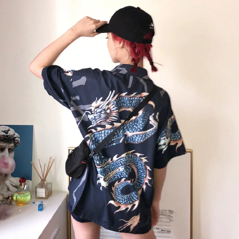 Harajuku Blouse Women Dragon Print Short Sleeve Blouse