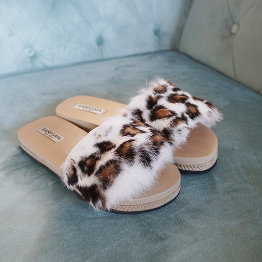 Leopard Rabbit Fur Espadrille Flat Slide Slippers