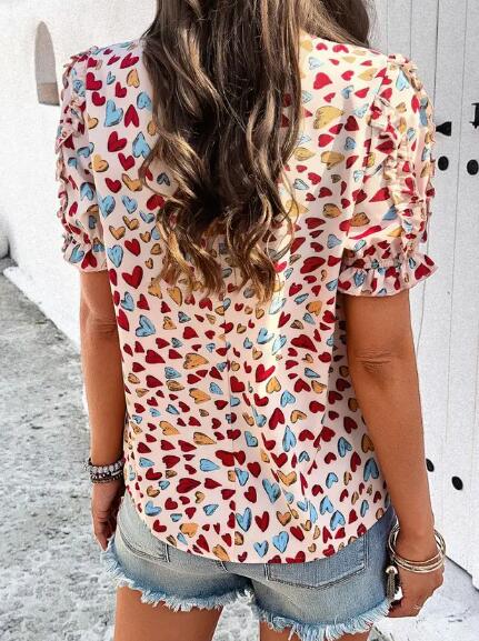 Round Neck Heart Print Ruffled Sleeve Top