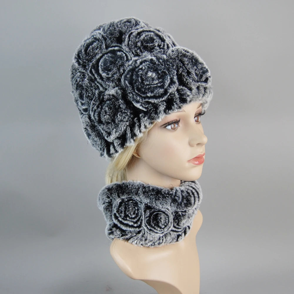 Knit Real Rex Rabbit Fur Hat Scarf Set