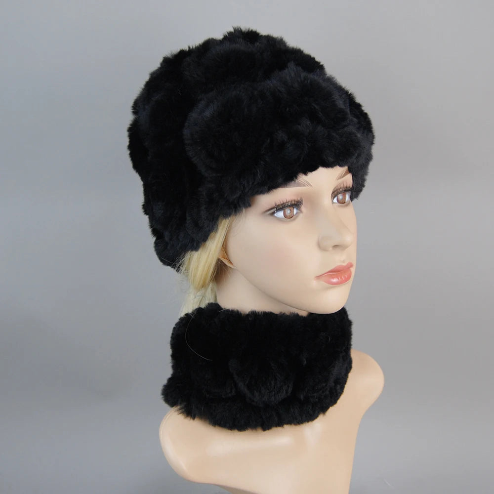 Knit Real Rex Rabbit Fur Hat Scarf Set