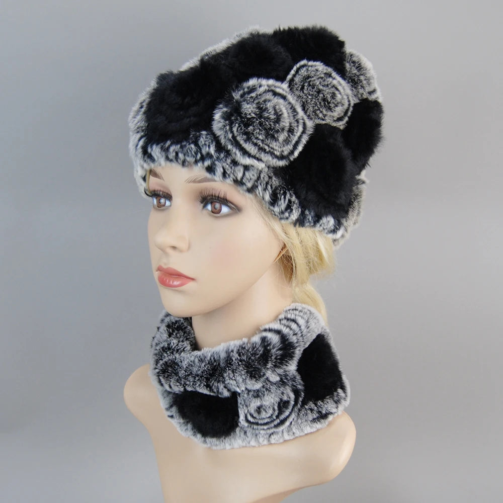 Knit Real Rex Rabbit Fur Hat Scarf Set