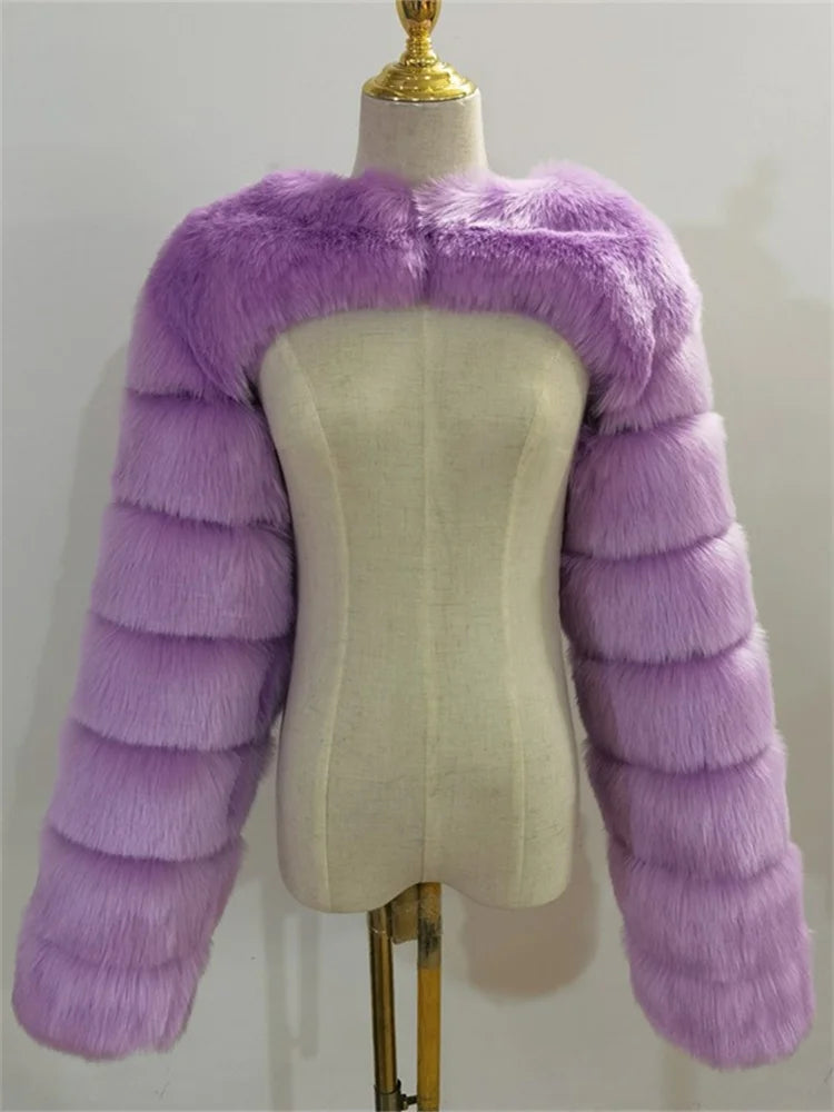 Faux Fur Coats Women Long Sleeve Crop Top