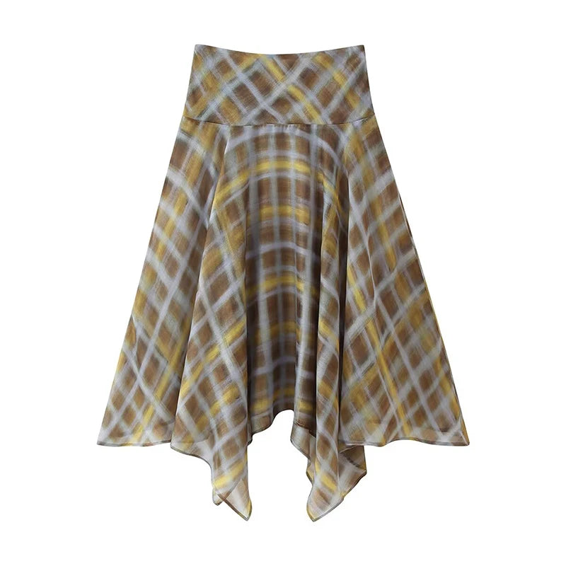 YENKYE Asymmetric Plaid Midi Skirt