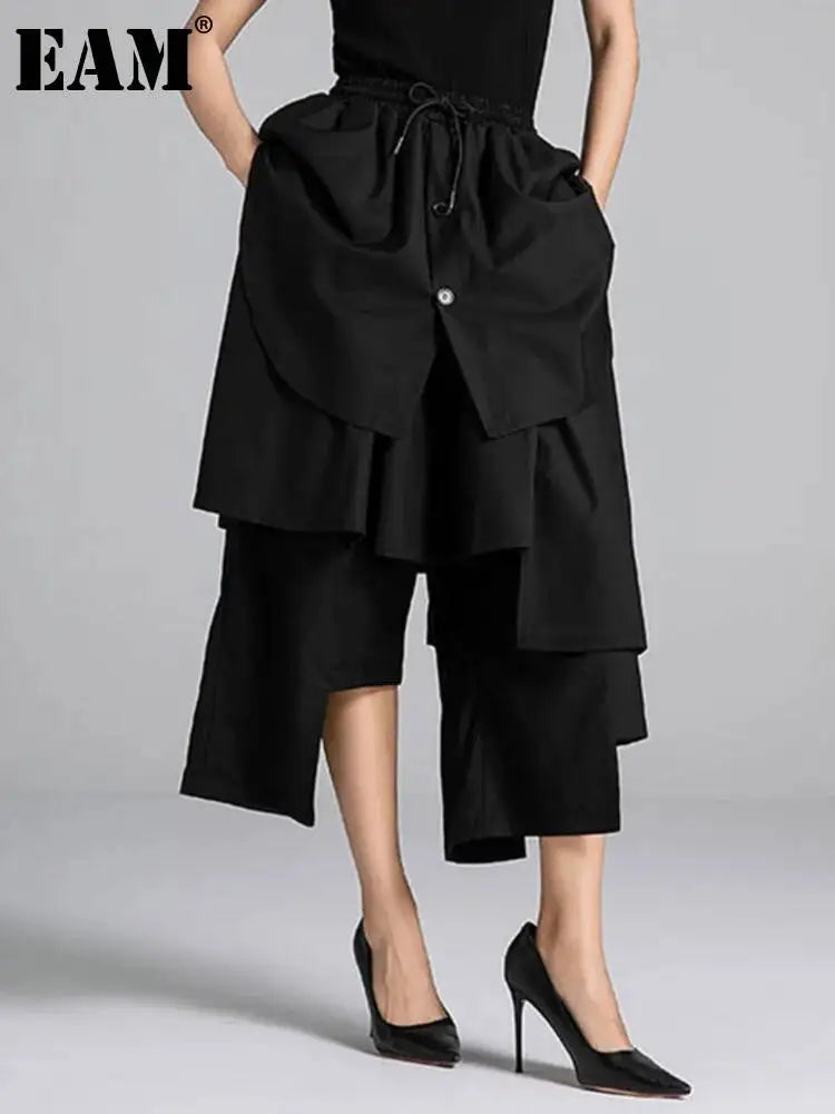 EAM Black Irregular Patch Wide-Leg Cropped Pants