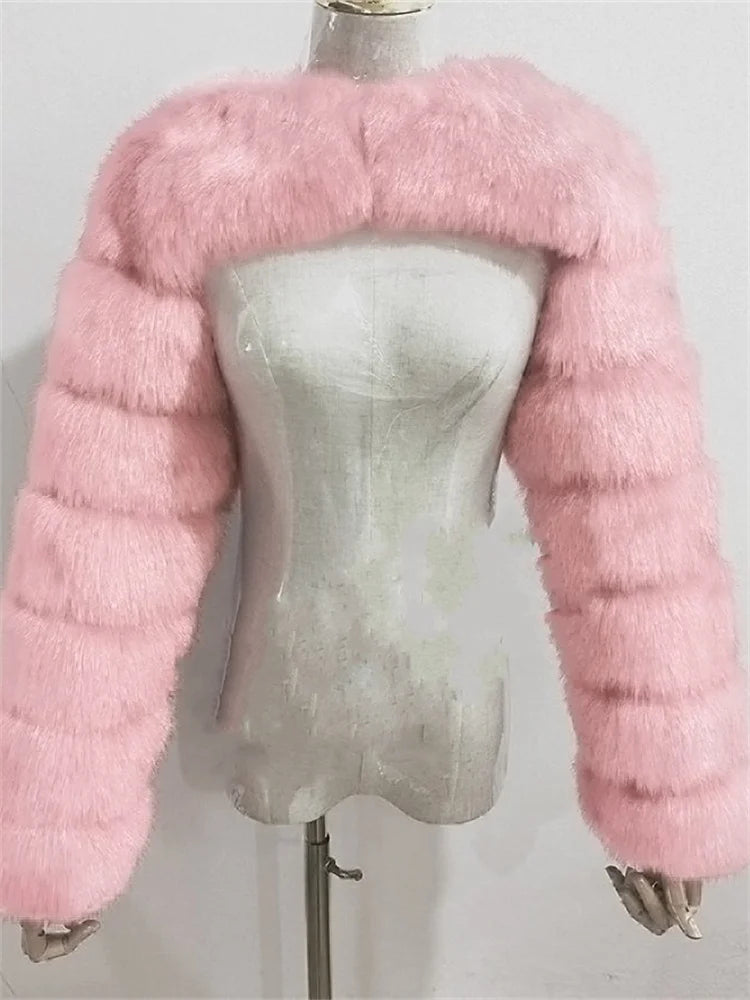 Faux Fur Coats Women Long Sleeve Crop Top