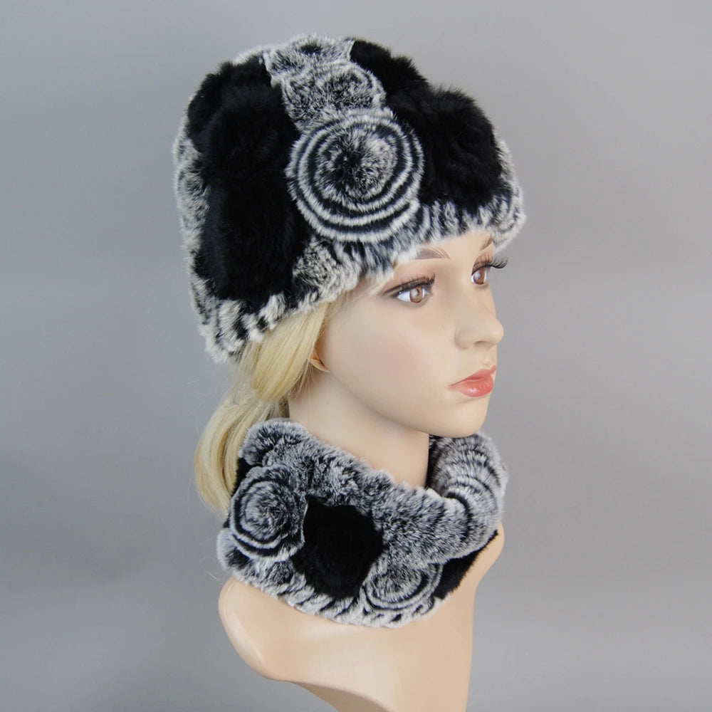 Knit Real Rex Rabbit Fur Hat Scarf Set
