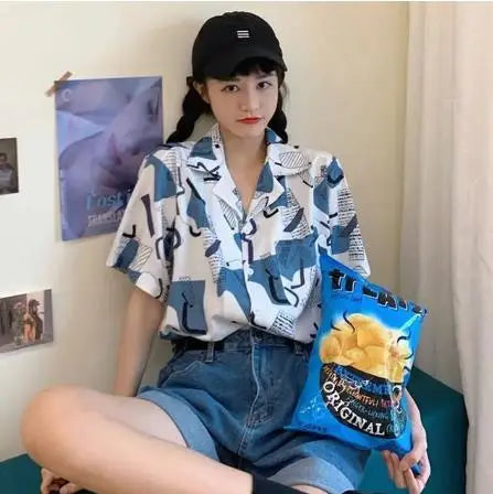 Harajuku Blouse Women Dragon Print Short Sleeve Blouse