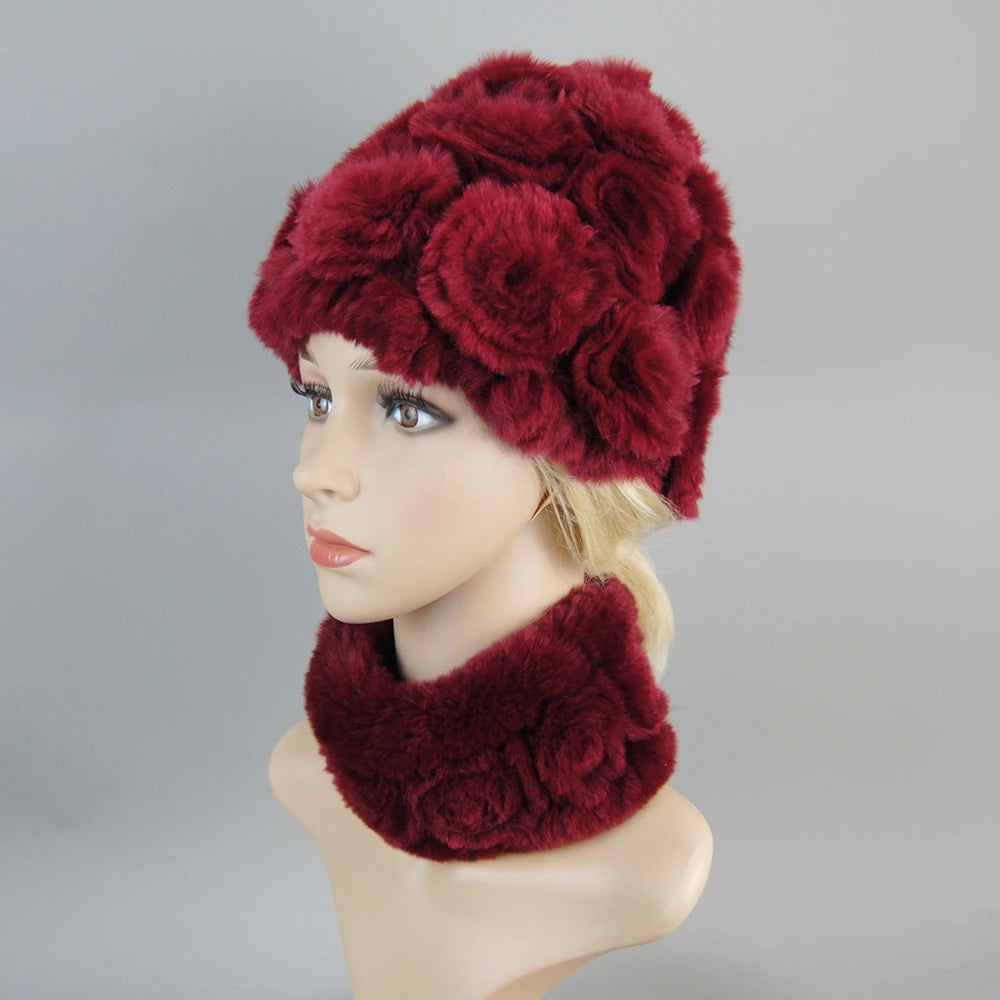 Knit Real Rex Rabbit Fur Hat Scarf Set