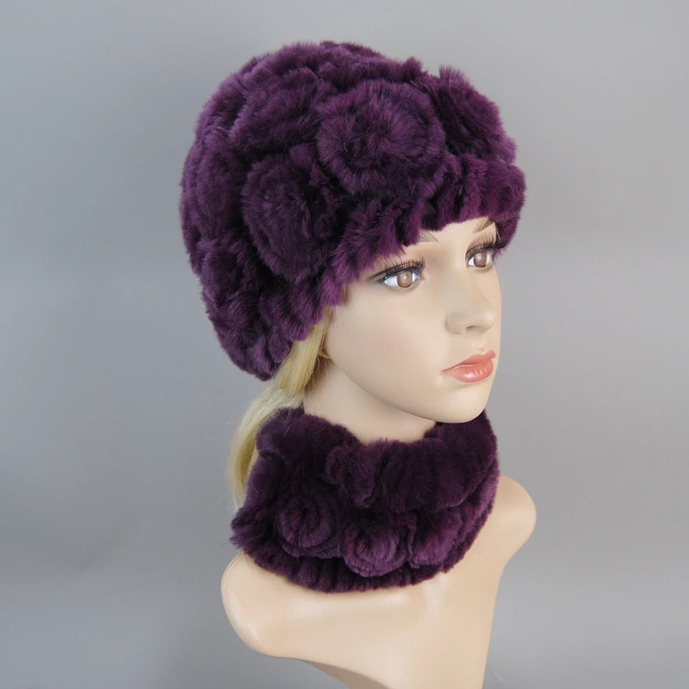 Knit Real Rex Rabbit Fur Hat Scarf Set