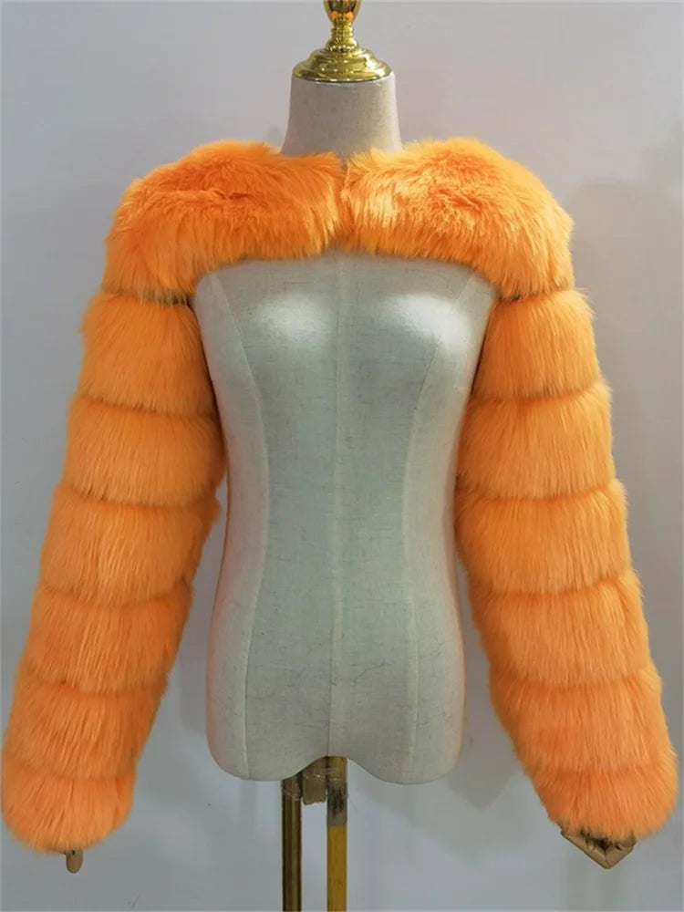 Faux Fur Coats Women Long Sleeve Crop Top