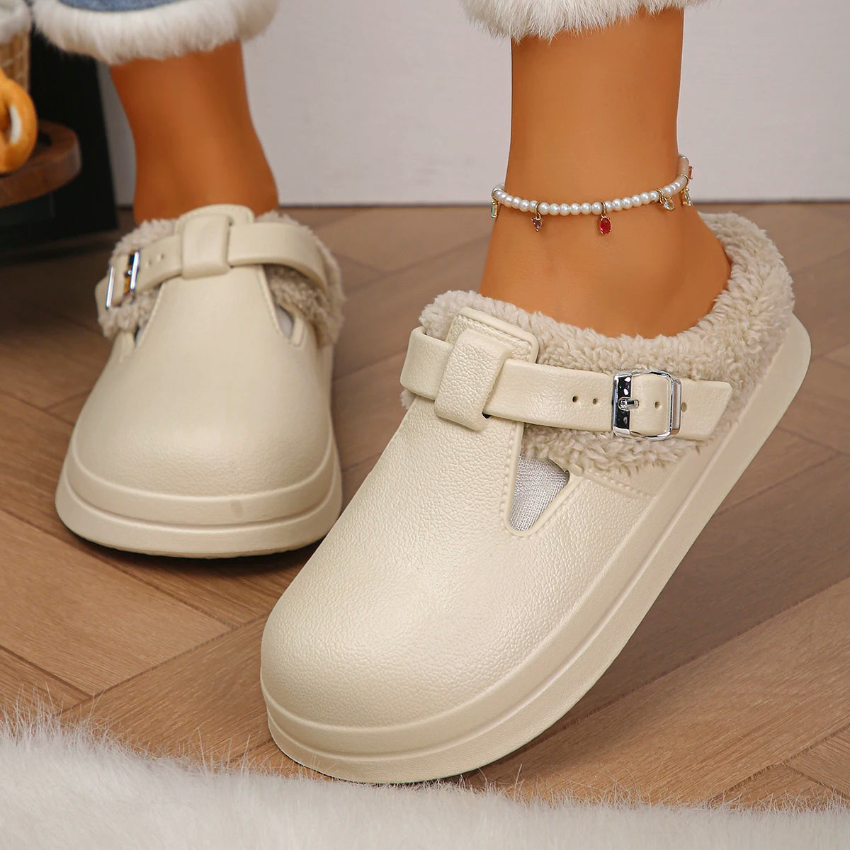 Waterproof EVA Furry Buckle Mule Slippers
