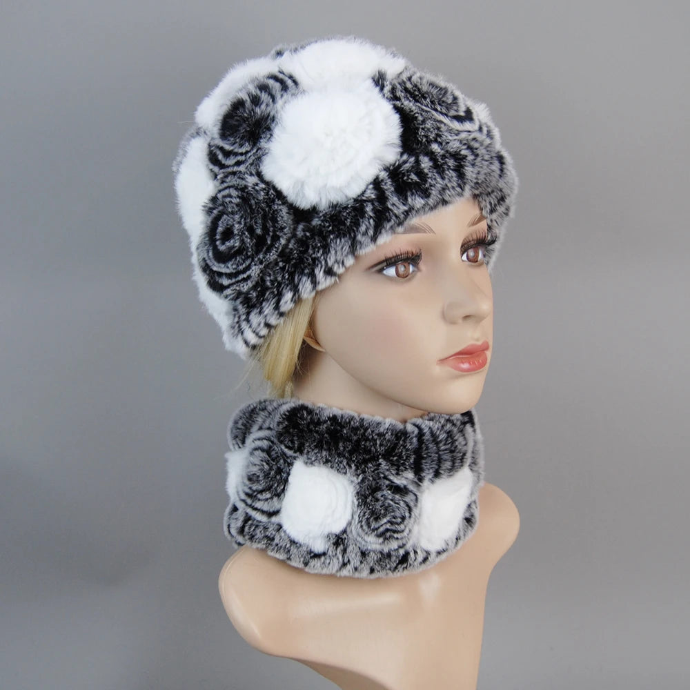 Knit Real Rex Rabbit Fur Hat Scarf Set