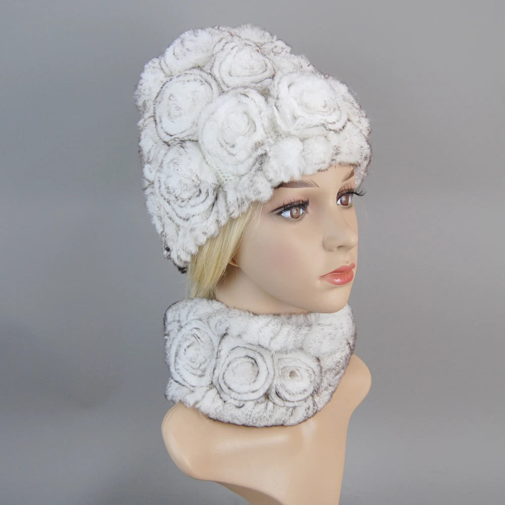 Knit Real Rex Rabbit Fur Hat Scarf Set