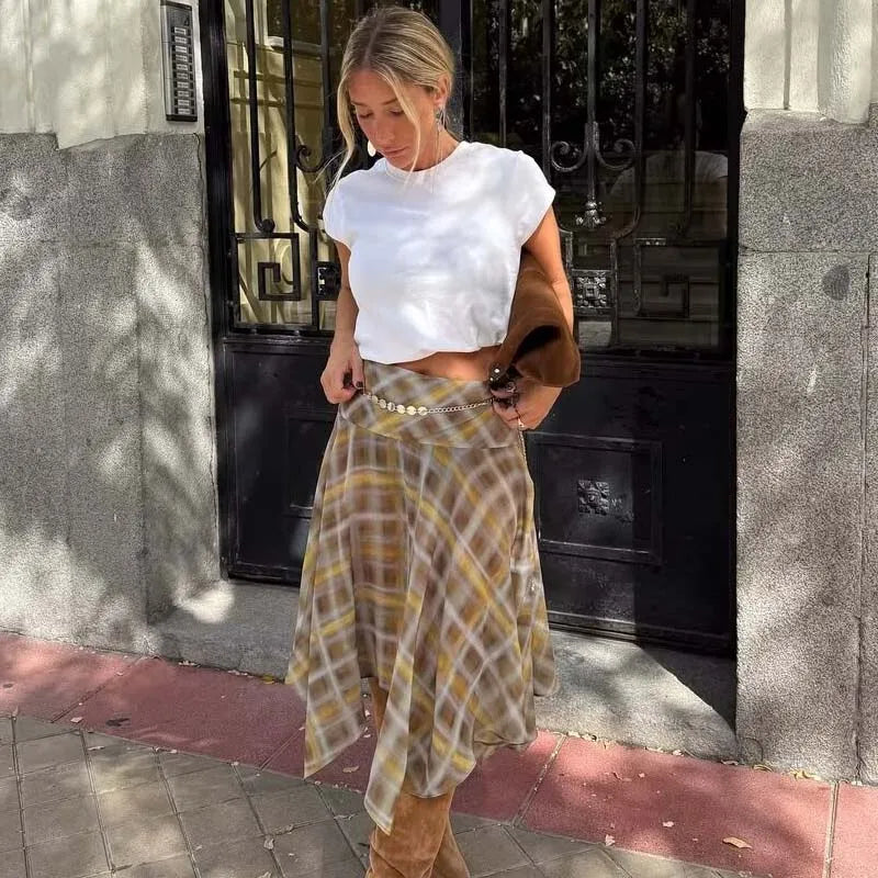 YENKYE Asymmetric Plaid Midi Skirt