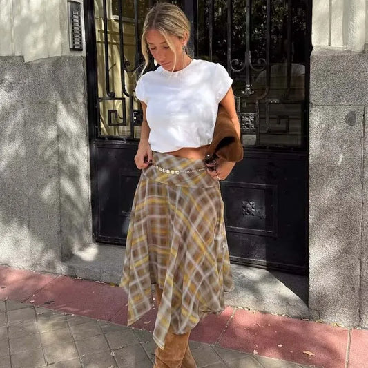 YENKYE Asymmetric Plaid Midi Skirt