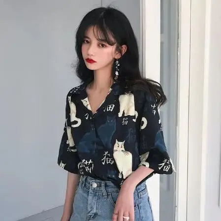 Harajuku Blouse Women Dragon Print Short Sleeve Blouse
