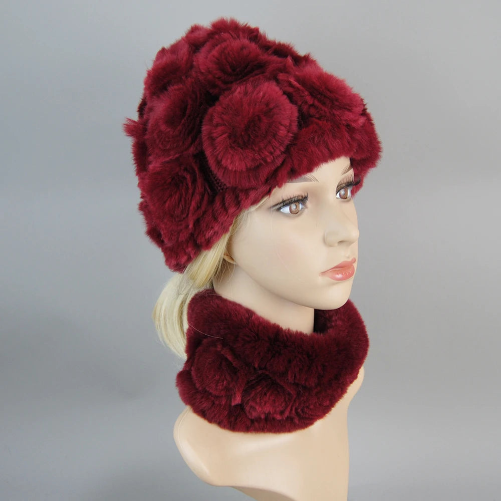 Knit Real Rex Rabbit Fur Hat Scarf Set