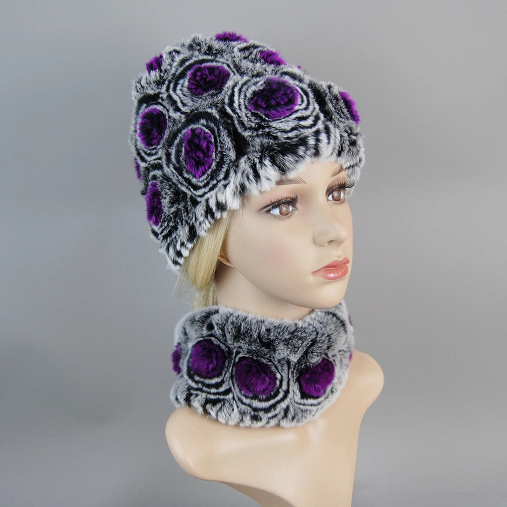 Knit Real Rex Rabbit Fur Hat Scarf Set