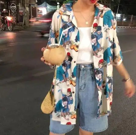 Harajuku Blouse Women Dragon Print Short Sleeve Blouse
